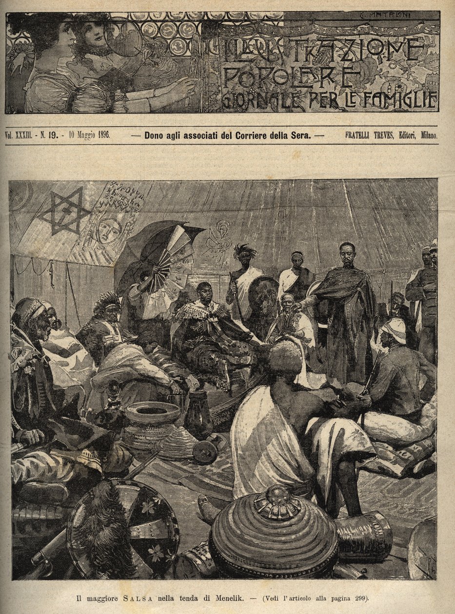 První italsko-etiopská válka (1895-1896). Major Tommaso Salsa a kapitán Annibale Anghera před etiopským císařem Menelikem II (1844-1913) - rytina z „“ illustrazione popolare - giornale per le famiglie - 1896 - Jednání o míru s od Italian School