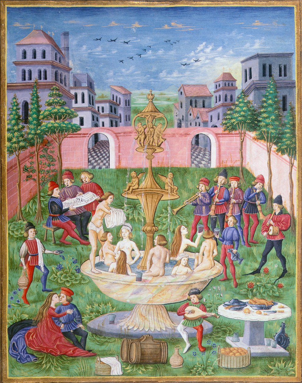 Fontána života: zpěváci a hudebníci v zahradě, miniatura z De Sphaery, Leonardo Dati od Italian School