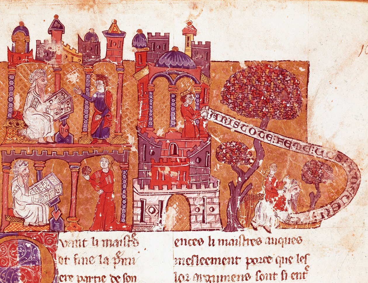 Řecký filozof Aristoteles (383-322 př. n. l.) učí své studenty morálce a pohrdání ženami (mysoginia) Miniaturu z italského rukopisu ze 14. století. Bibliotheque Inguimbertine Municipal de Carpentras. od Italian School