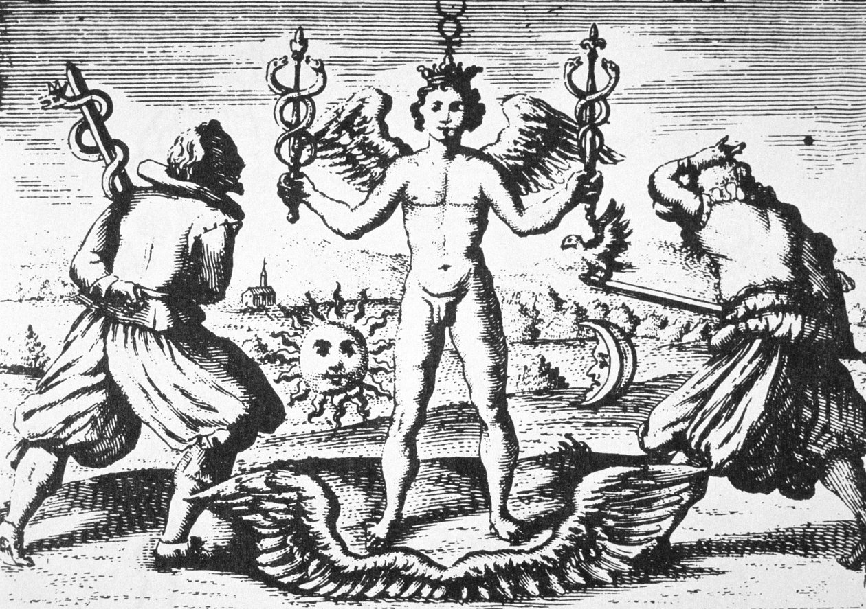 Rtuť filosofů z knihy Della Tramutatione Metallica od Giovanniho Battisty Nazariho (1589), ilustrovaná v dějinách magie vydané koncem 19. století. od Italian School