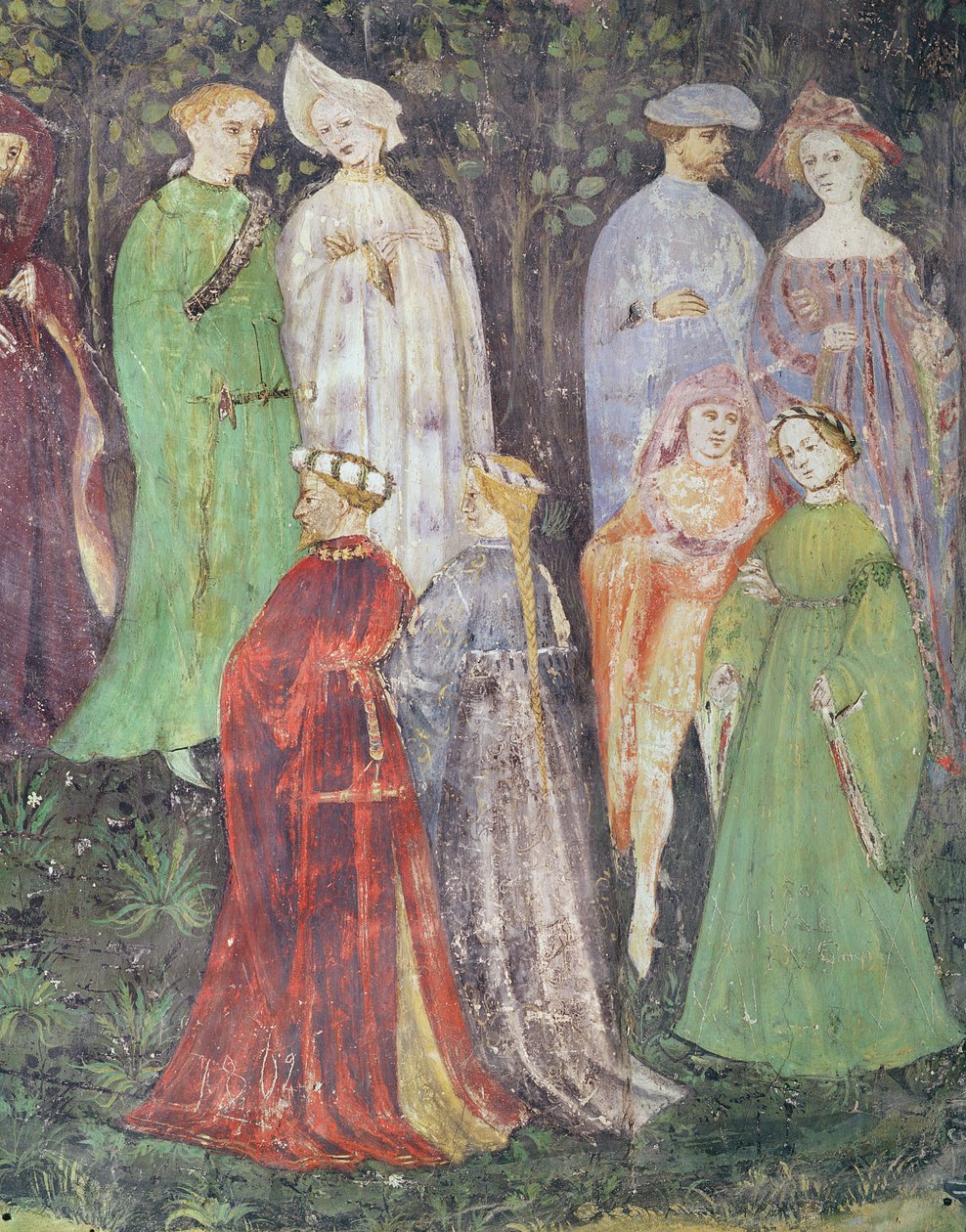 Měsíc červen, detail chodících šlechticů a žen, cca 1400 (freska) od Italian School