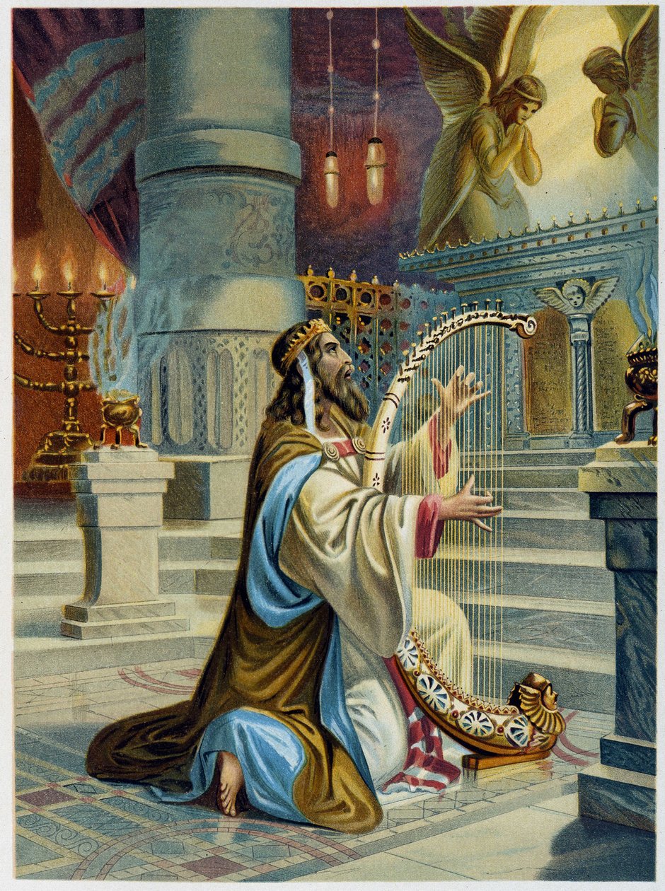 The Palmist David in „“ Golden classic Bible: History of the božského zjevení ve starověku a v novém úsilí“ Giovanni Ladislao Sykora (vol. 1), přeložil Don Clemente Benetti. (italská bible) od Italian School