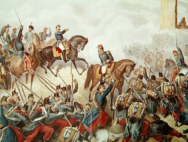 Piemontové a Francouzi v bitvě u San Martina v roce 1859 (barevná rytina) od Italian School