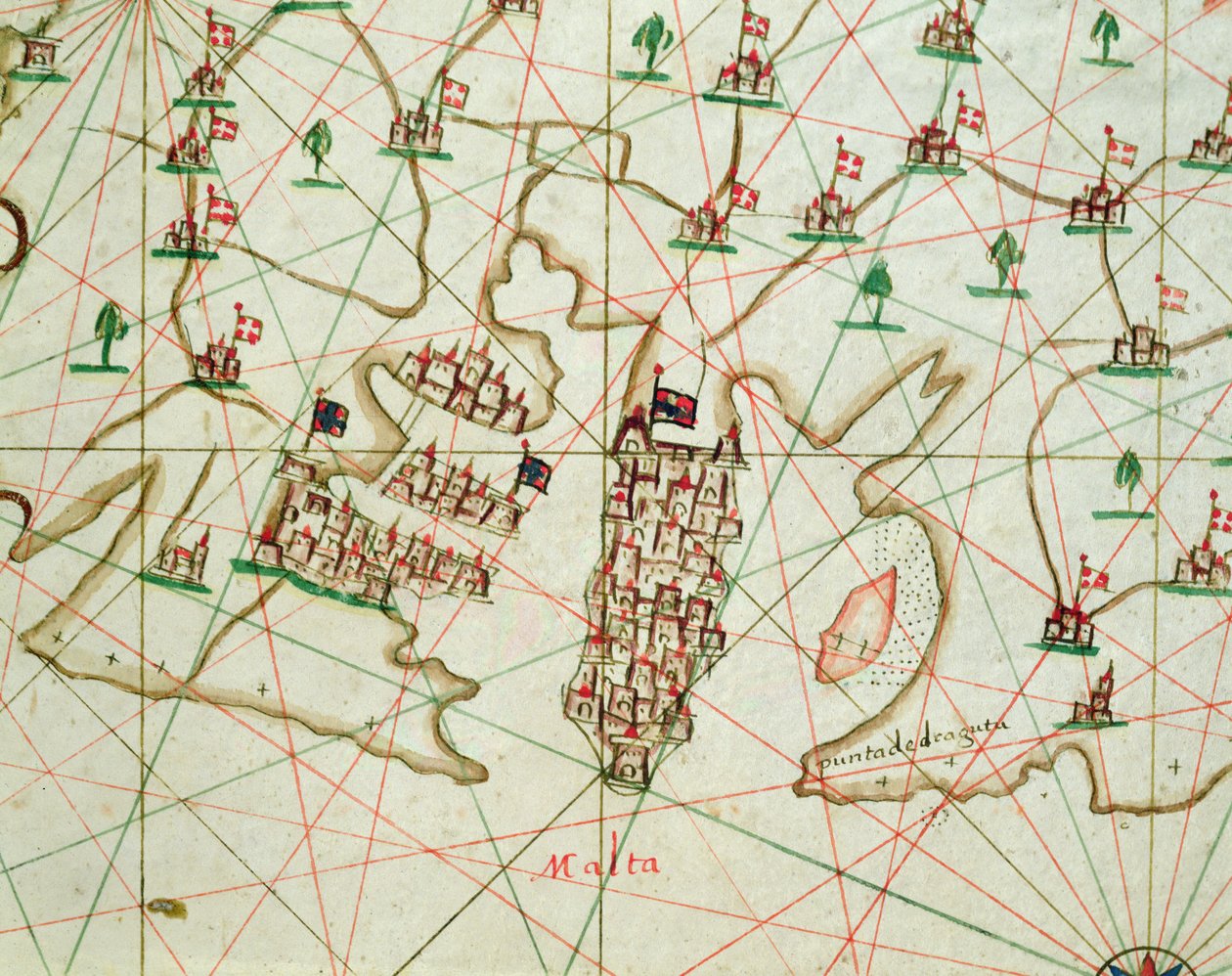 Přístav La Valletta, z námořního atlasu, 1646 (inkoust na pergamenu) (detail z 330944) od Italian School