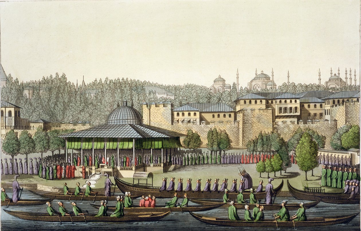 Prezentace admirála sultánovi, deska 14 z části III, svazek I Dějin národů, vyryl Giacomo Bussi, kolem roku 1820 (akvatinta) od Italian School