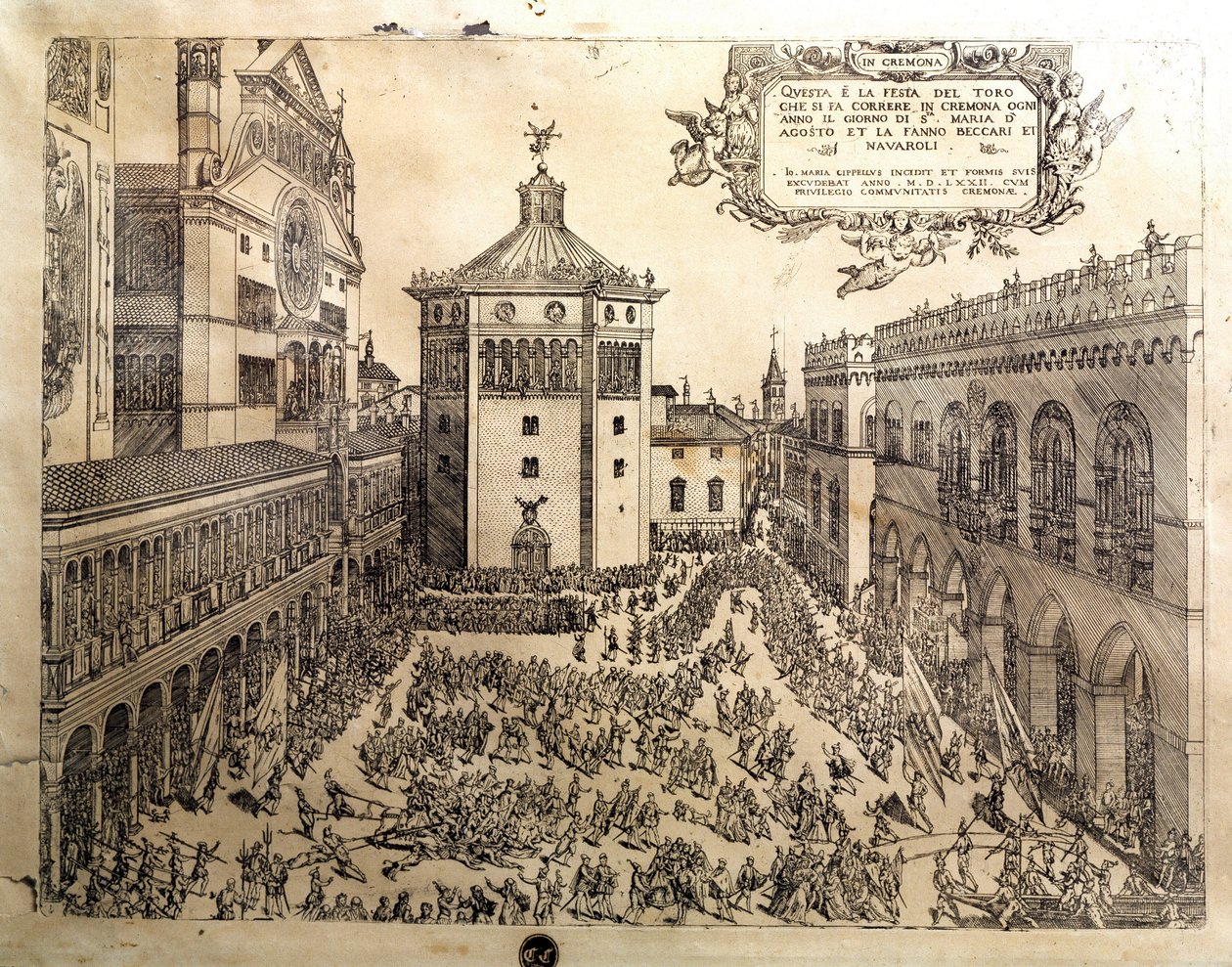 Býčí hostina na Velkém náměstí v Cremone (Cremona) v Itálii. Rytina 16. století Cremona, Museo Civico Itálie od Italian School