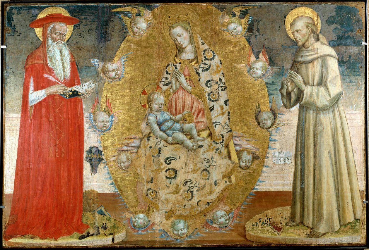 Obraz Panny Marie s dítětem se svatým Francoisem a svatým Jeronýmem Dřevo italské školy 14. století. Musee du Peinture Palais, Avignon od Italian School