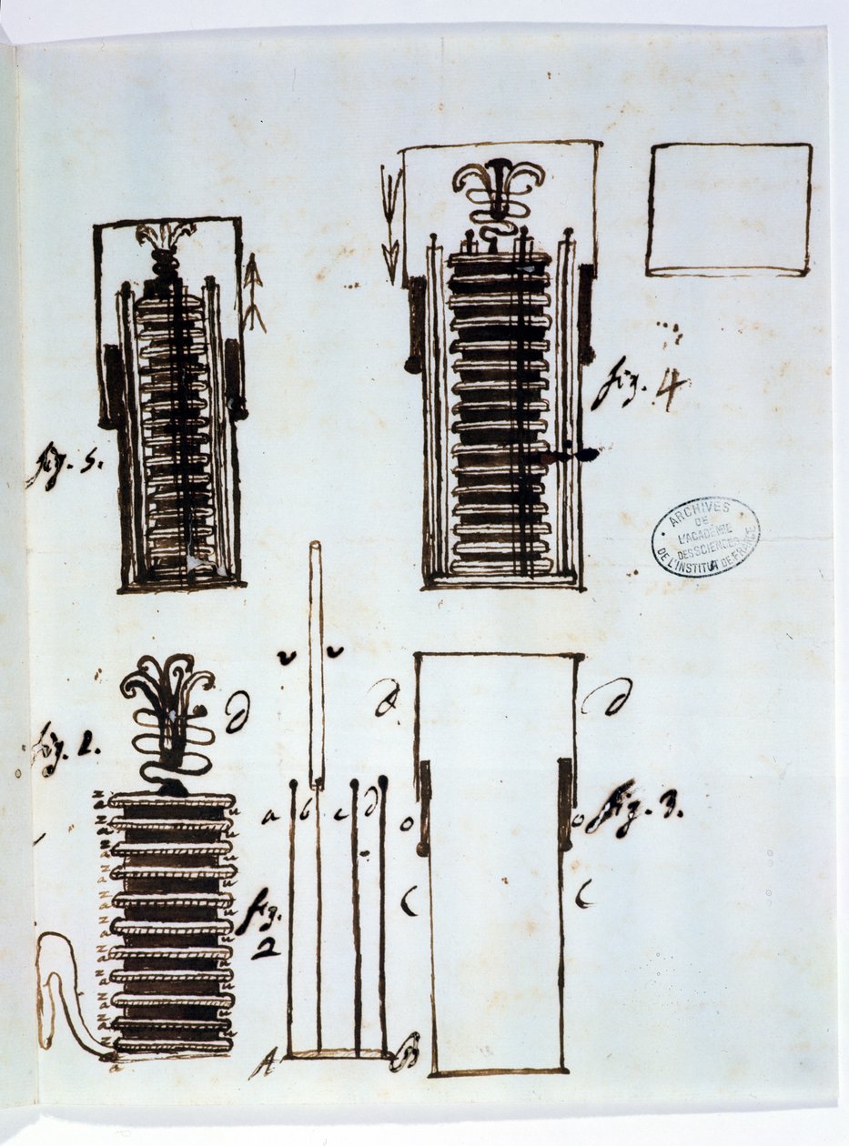 Voltova hromada (baterie). Kresba z dopisu Alessandra Volty (1745-1827) Dieudonnu Dolomieuovi (1750-1801) o galvanismu, 1801 (pero a tuš na papíře). od Italian School