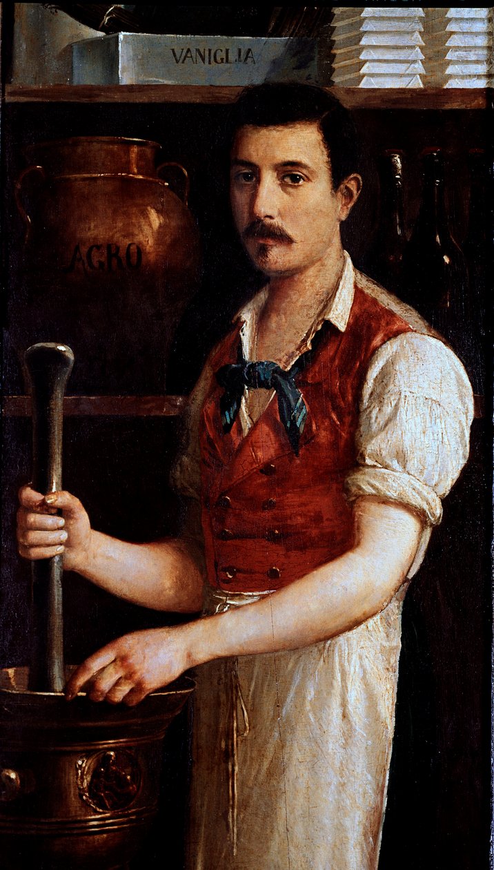 Řemeslná výroba čokolády Kakaové boby se melou. Anonymní malování znamení. 1875-1900 Milán, museo di Milano od Italian School