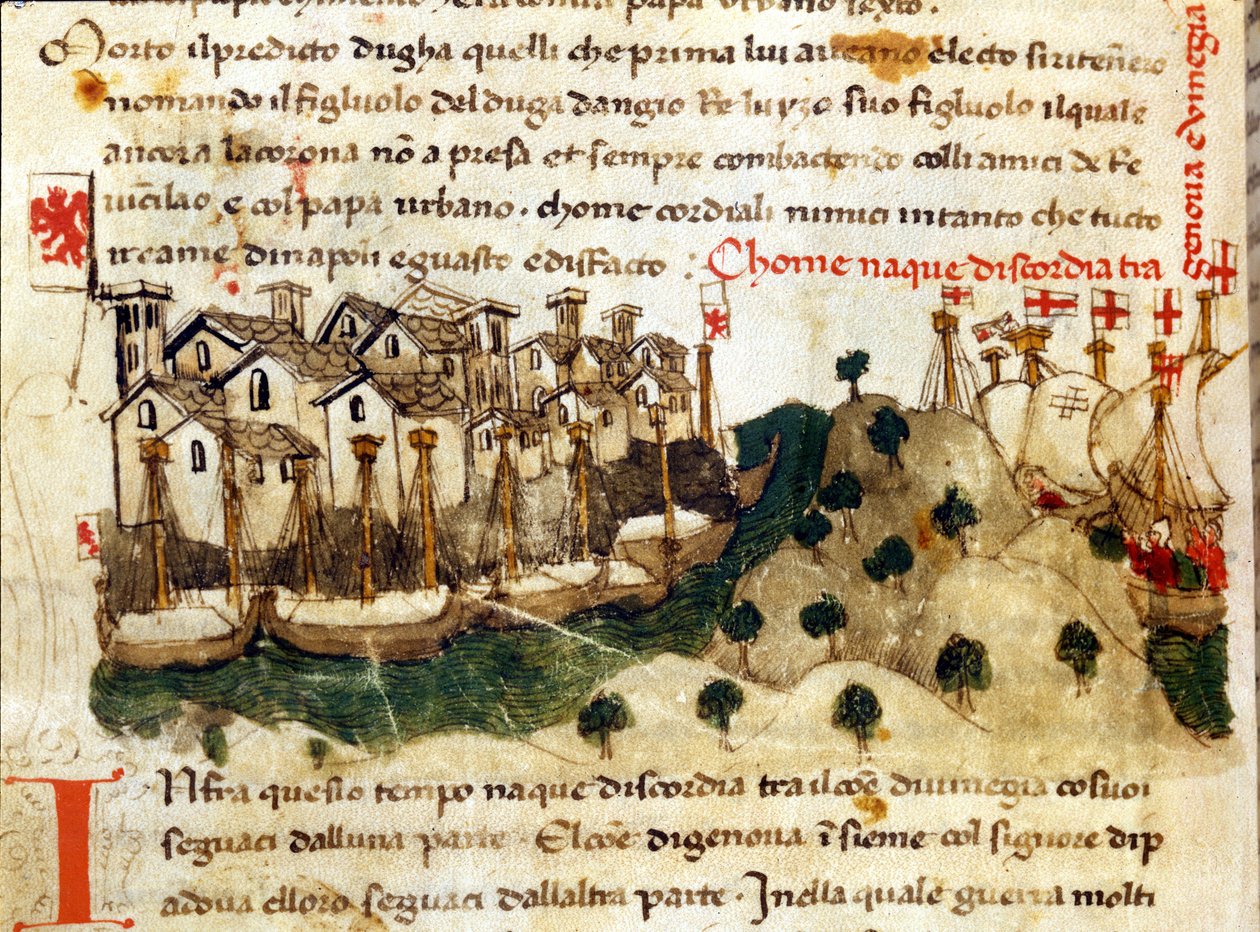 Začátek války Chioggia mezi Janovem a Benátkami. Letopisy Sercambi. Národní archiv, Lucca. od Italian School
