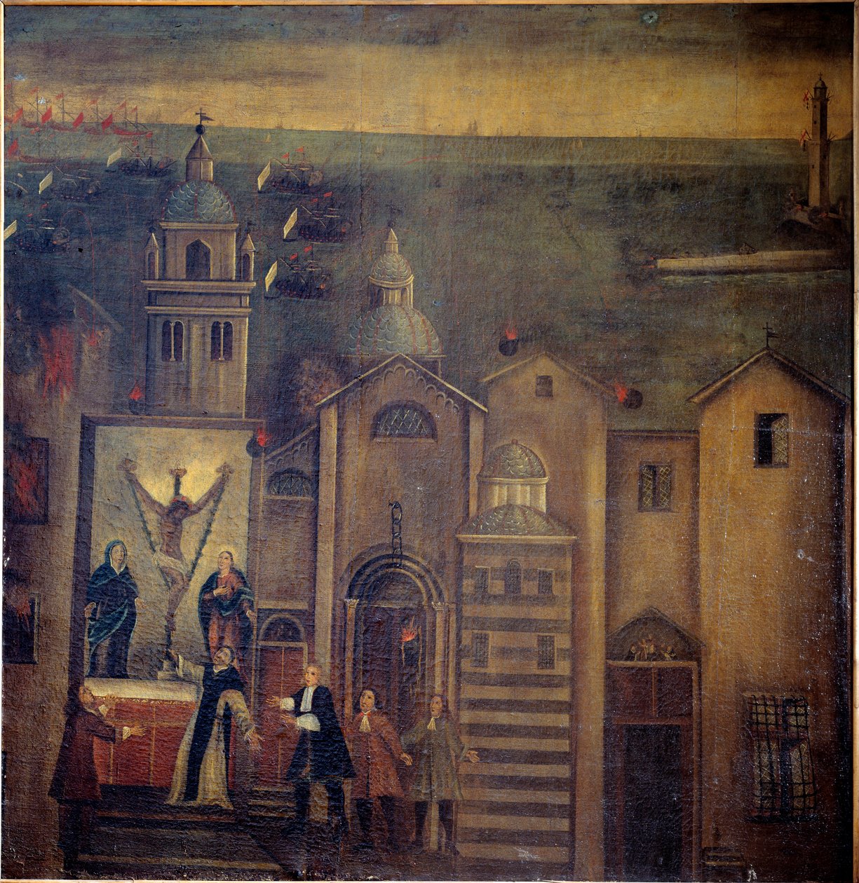Kostel Santa Maria del Castello zasažen během bombardování Francouzů v roce 1684, Janov (olej na plátně od Italian School