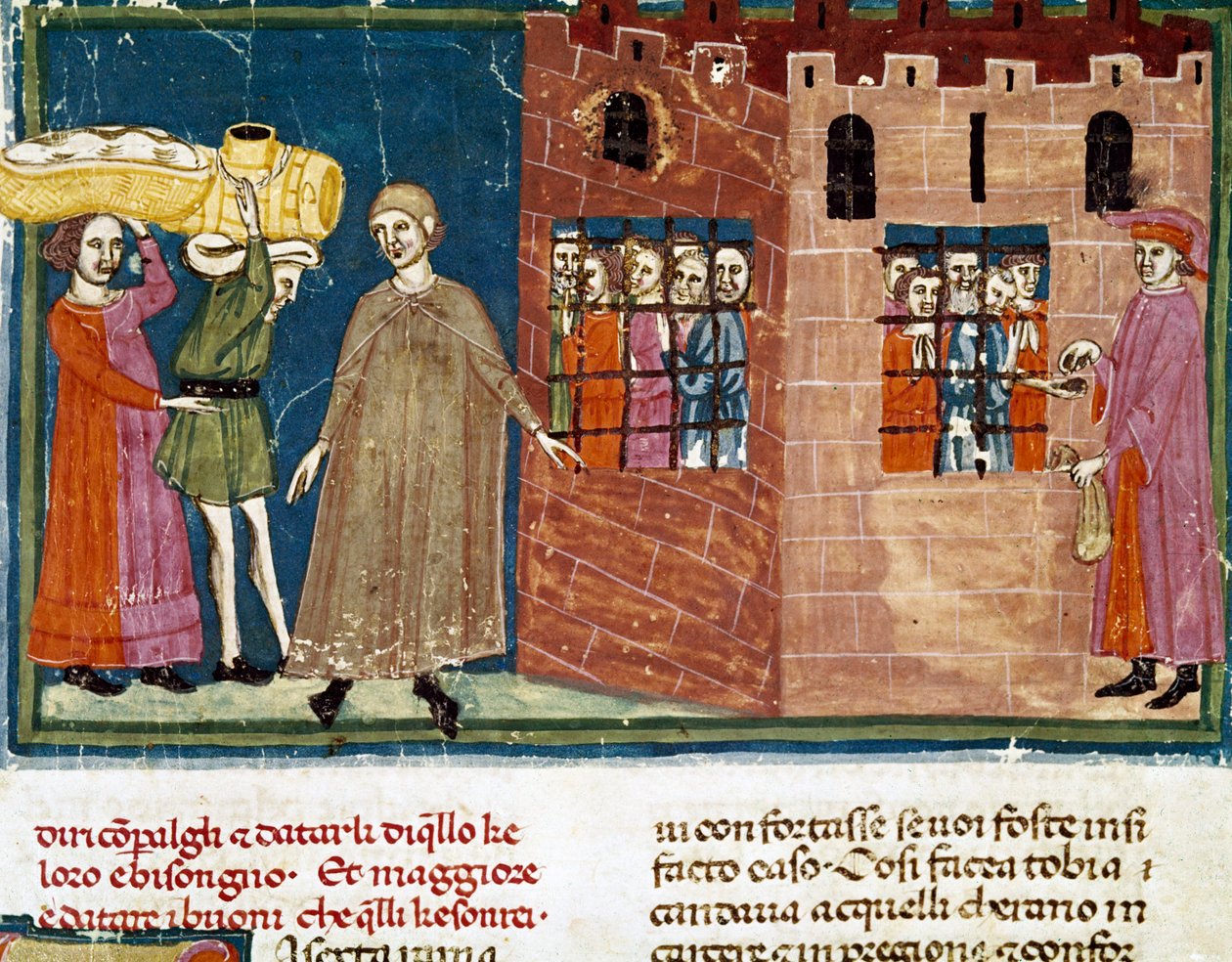 Rozdávání jídel vězňům Miniatura florentské školy převzatá z rozšířeného vydání „Pater noster“ od sera Zucchera Bencivenniho (MS.II.VI 16) počátek 14. století Florencie, národní knihovna od Italian School