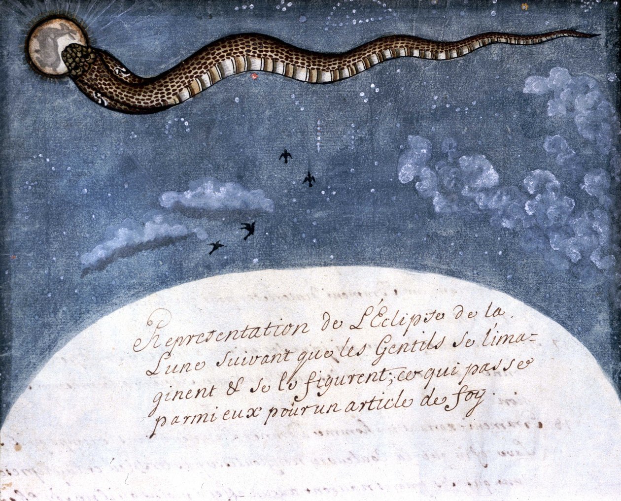 Zatmění měsíce představované indiány Mogol (had požírající měsíc) Stránka převzata z rukopisu (ms.8300) „Historie Mogolu“ (Moghul nebo Moghol) od Stefana Nivibuse Cardeiry. 18. století. Bibloteca marciana, Benátky od Italian School
