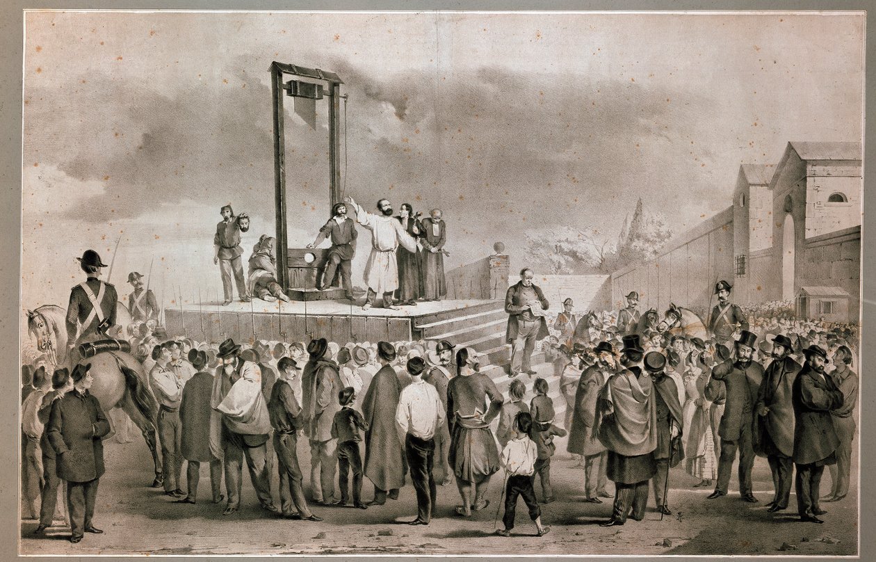 Poprava Felice Orsiniho (1819 - 1858) a Pieriho dne 13. 3. 1858, kteří provedli útok 14. ledna 1858 proti Napoleonovi III. na Place de la Roquette v Paříži Litografie konce 19. století. Milánské Museo del Risorgimento od Italian School