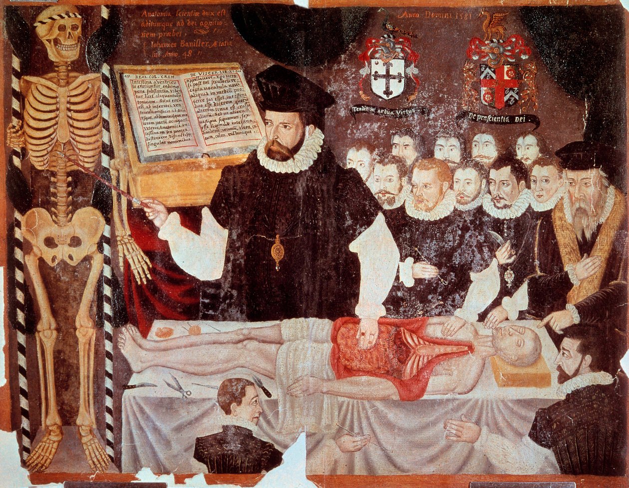 Přednáška anatomie Johna Banistera (1533-1610) v Barber Surgeons Hall v roce 1548 Frontispice obraz „“ De re anatonomica“ od Mattea Realda Colomba (Renaldus Columbus) (1516-1559) 1580. Paříž, B.N. - John Banister (1533-1610) dává ana od Italian School