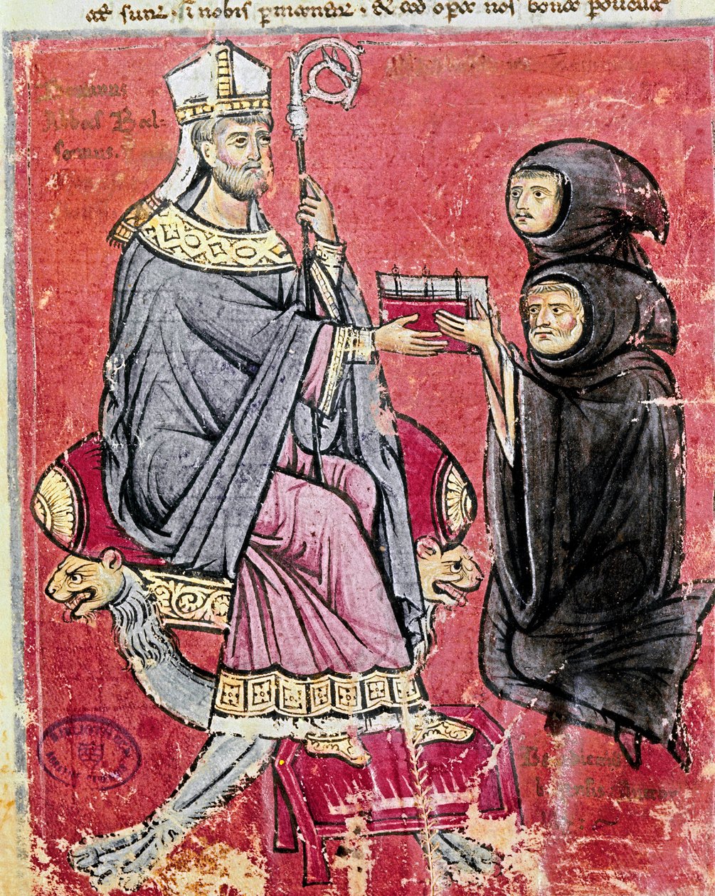 Mnich Benedetto da Bari (zastupující mladé i staré, aby naznačil, že psaní jeho díla zaměstnávalo celý jeho život) předal abbému Balsamovi (13. století), vůdci benediktinského opatství Cava de Tirreni, svůj kodex De Septem Sigillis na Re od Italian School