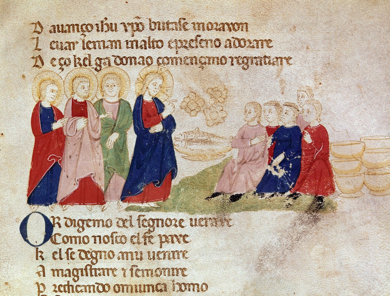 Násobení chlebů a ryb Miniatura převzatá z „“ Del novo e del vedre testamento““ od Pietra da Barsegape (13. století) Milán 14. století, Biblioteca Braidense od Italian School