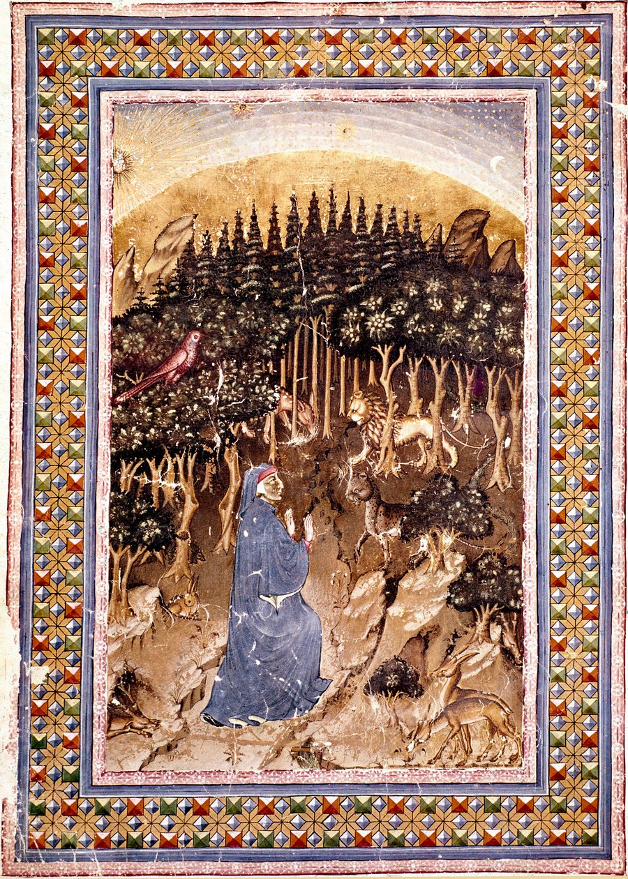Básník Dante se ocitá v temném lese. Osvětlená stránka první písně Pekla čerpá z „Divina Commedia“ (Božská komedie) od Dante Alighieriho (1265-1321). Rukopis paní Conv. Soppr. 204 od Italian School