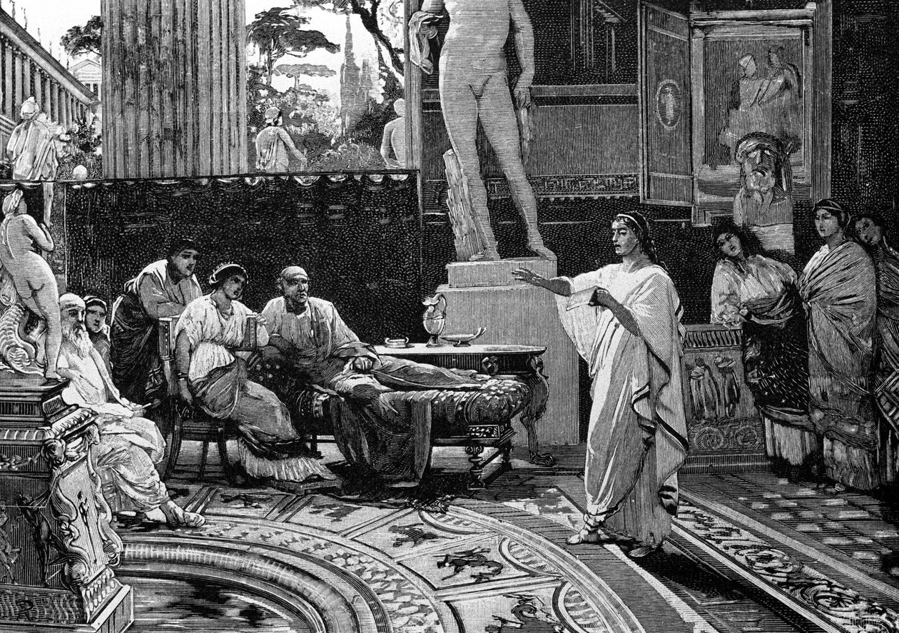 Básník Virgil (70 př. n. l. - 19 př. n. l.) prohlašuje „Aeneidu“ na římského rytíře Mechaena. Ilustrace Francesco Pogliaghi, “” Storia d