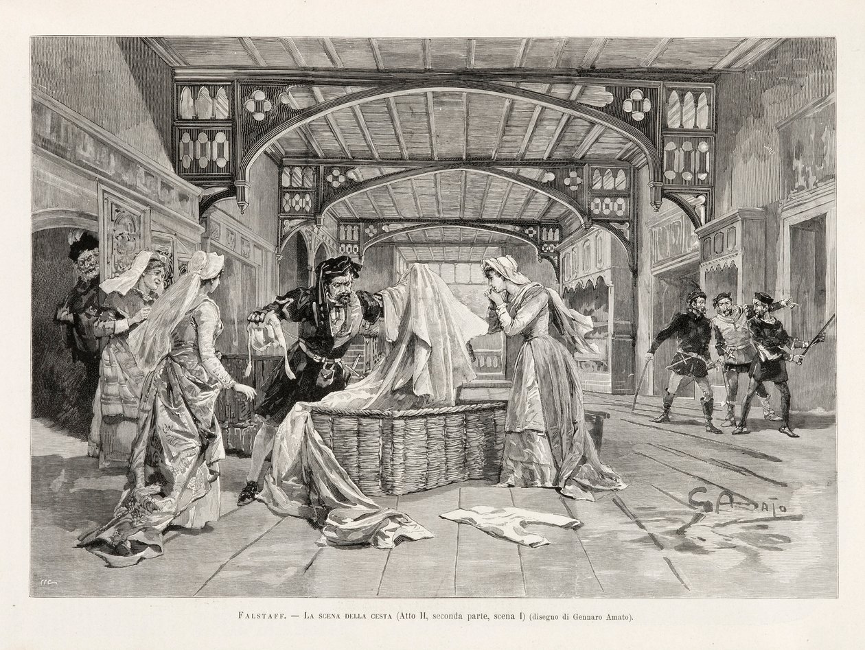 Scéna koše (druhé dějství, část druhá, scéna I) opery Giuseppe Verdiho Falstaff, z L