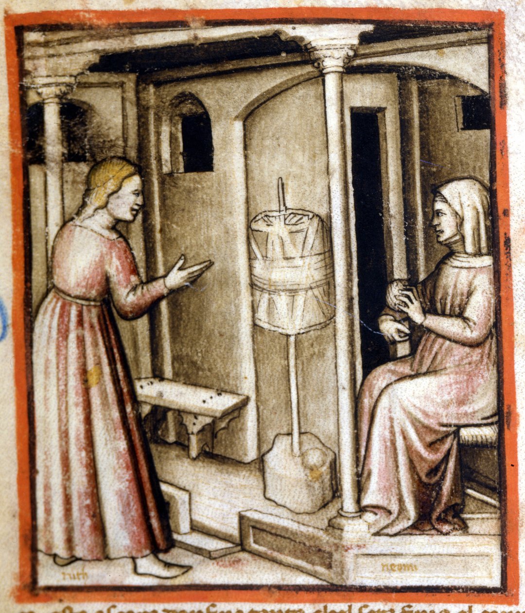 Předení vlny ve 14. století. Miniatura z kodexu 212 (nebo kodexu padovano nebo Bible z Padovy) 1390-1400 Rovigo, Accademia dei Concordi od Italian School
