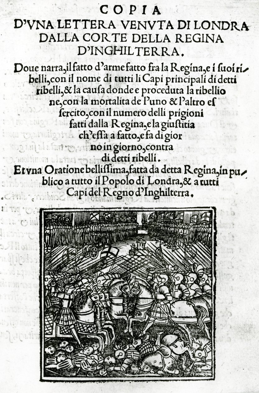 Titulní strana kopie dopisu zaslaného ze dvora anglické královny (dřevořez a knihtisk) od Italian School