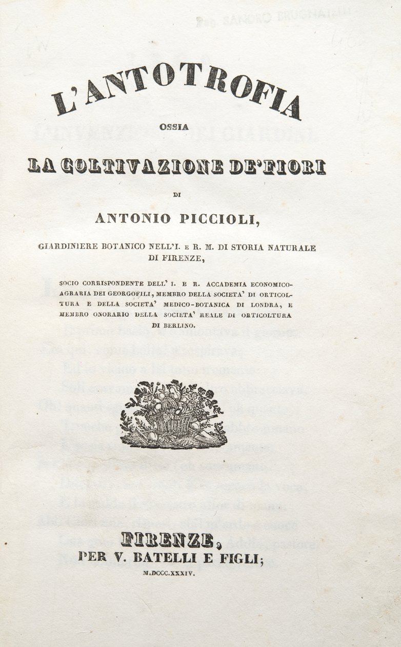 Titulní strana, z The Antotrophy Or The Cultivation Of Flowers od Antonia Piccioliho, pub. 1834 (rytina) od Italian School
