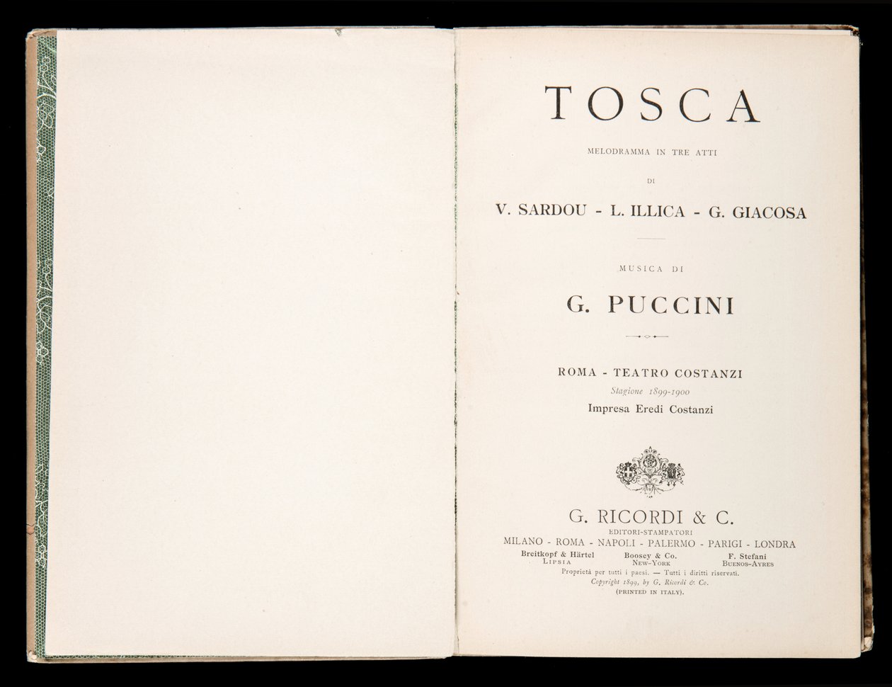 Titulní strana, Libretto della Tosca, Giacomo Puccini, Ricordi Edition, Itálie od Italian School