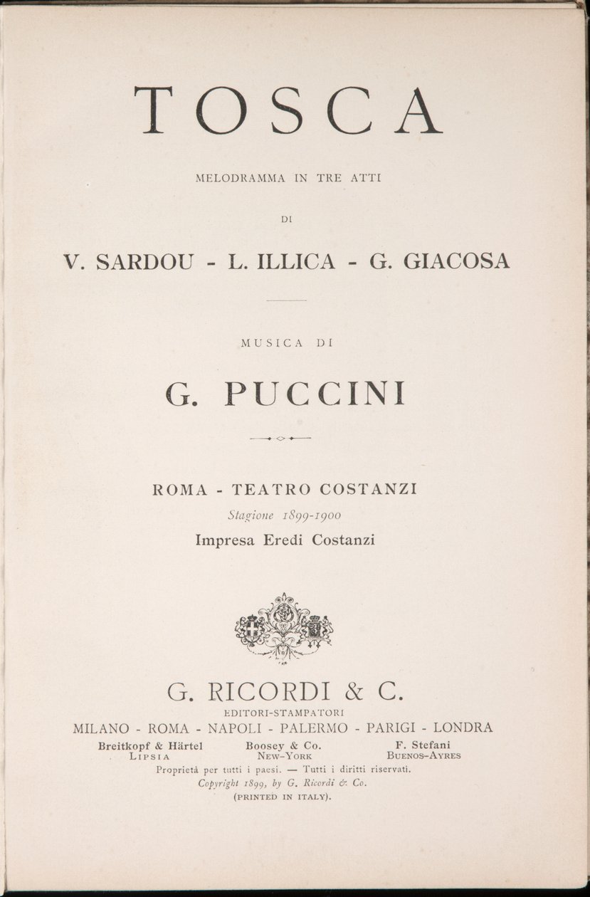 Titulní strana, Libretto della Tosca, Giacomo Puccini, Ricordi Edition, Itálie od Italian School