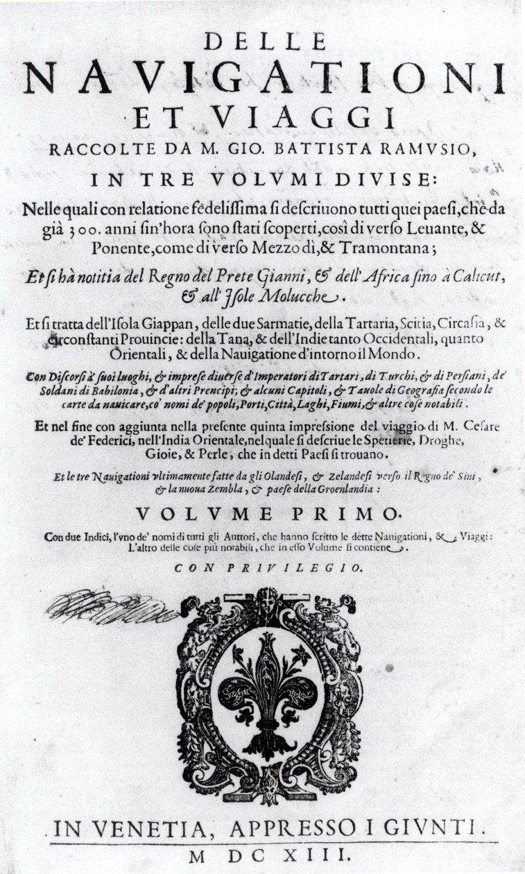 Titulní strana ke svazku I Delle Navigationi et Viaggi od Giovanniho Ramusia (1485-1557) vydaného 1613 od Italian School