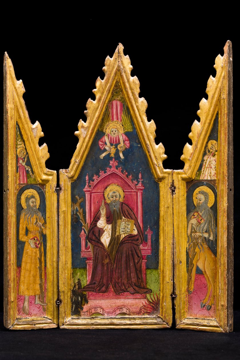 Triptych: Svatý Antonín Opat s trůnem, svatý Pavel Poustevník a svatý Onofrius, polovina 14. století (tempera na desce) od Italian School