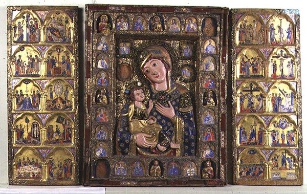 Triptych Madony s dítětem s evangelisty, proroky a výjevy z Kristova života (dřevo, stříbrný filigrán a smalt) od Italian School
