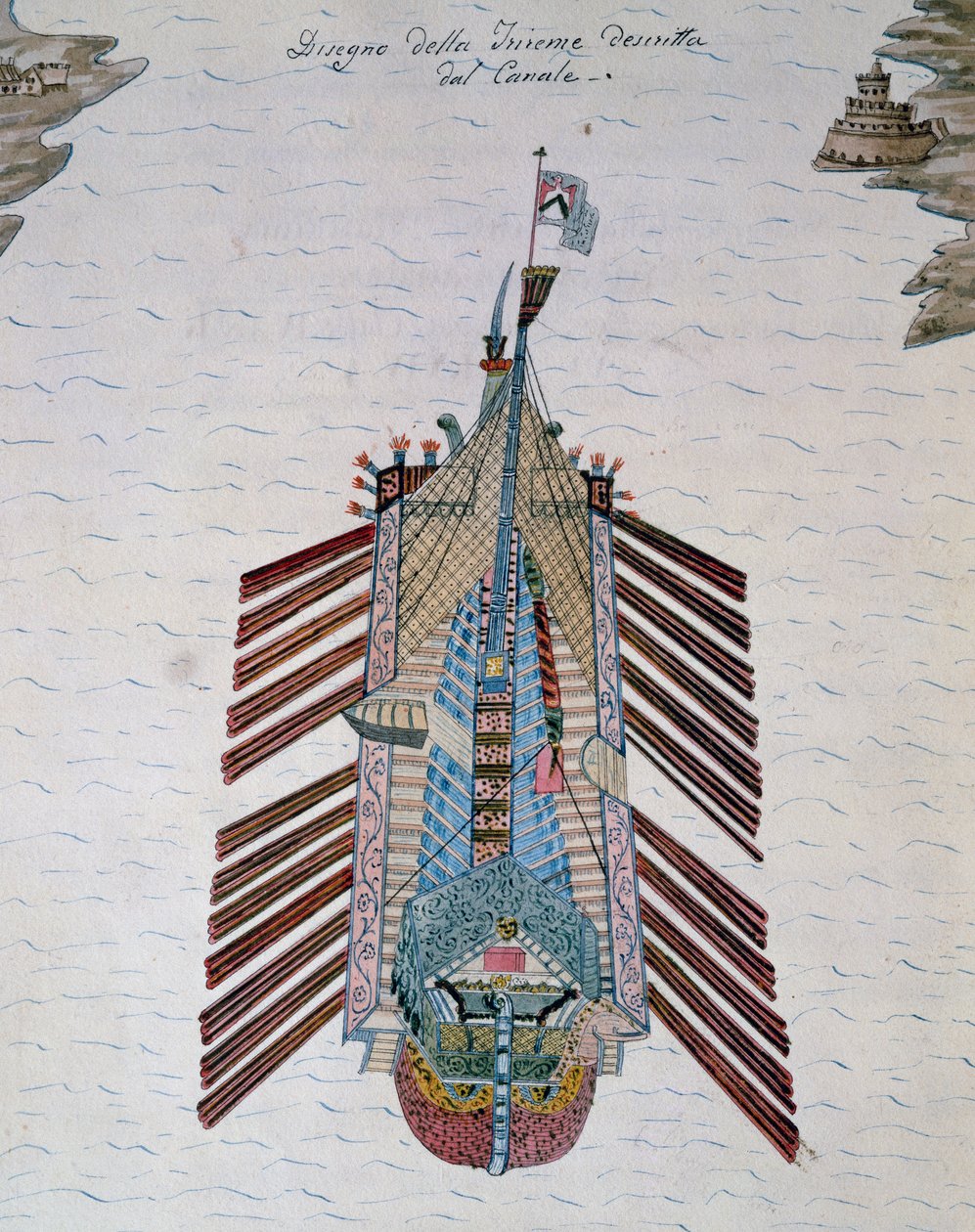 Trireme (loď se třemi břehy vesel), z Pojednání o námořních milicích, od Cristoforo Canal (1510-1562), Itálie od Italian School
