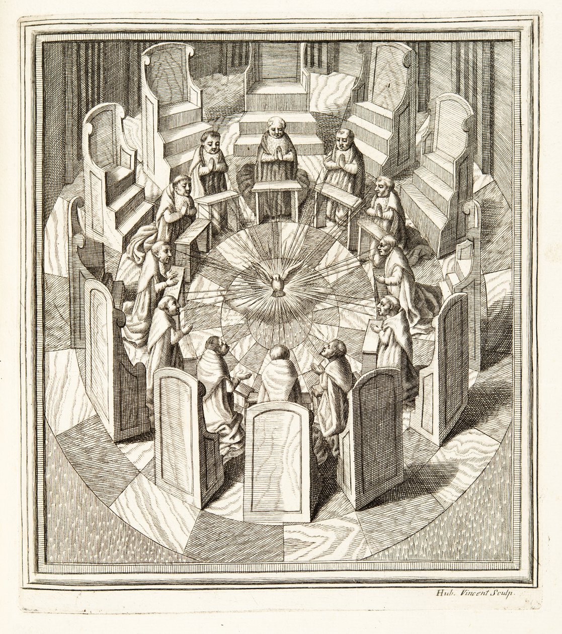 Dvanáct soudců Rota se modlí v kruhové síni obklopující Ducha svatého, hospoda. 1717 (rytina) od Italian School