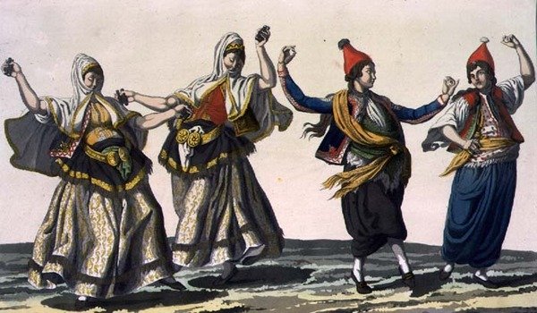 Dvě ženy a dva tanečníci, deska 62 z části III, svazek I „Historie národů“, vyryla V. Raineri (akvatinta) od Italian School