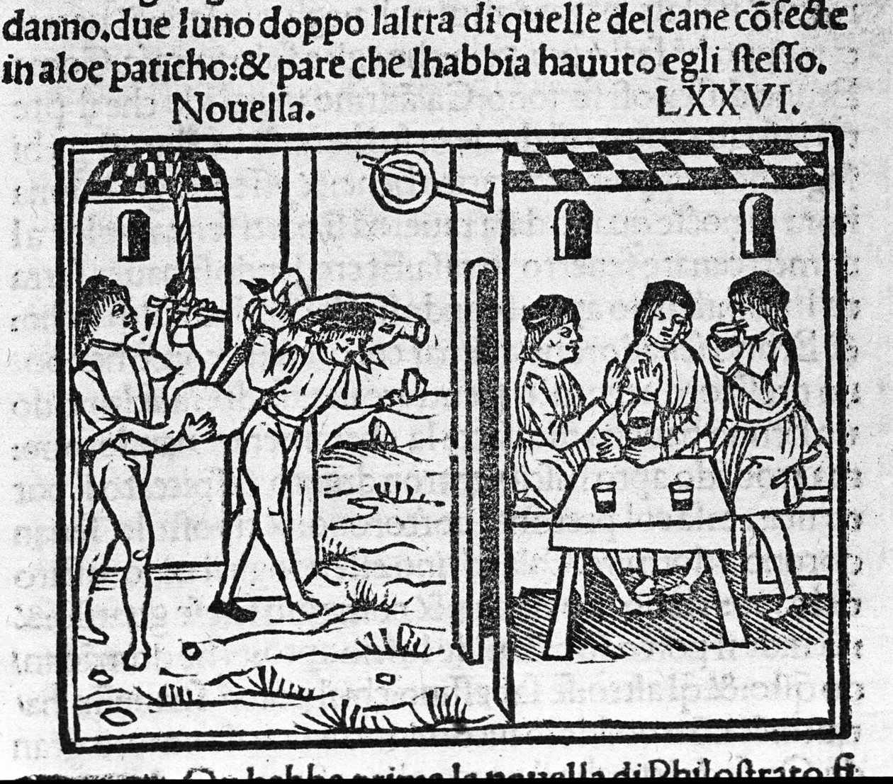 Dva muži nesoucí prase na rameni. Ilustrace ke zprávě 76 (Nová 6 osmého dne) „Dekameronu“ od Giovanniho Boccaccia dit Jean Boccaccia (1313-1375), italského spisovatele. Rytina v „“ Decamerone ouer Cento nouelle““ Benátky, Bartolomeo de od Italian School