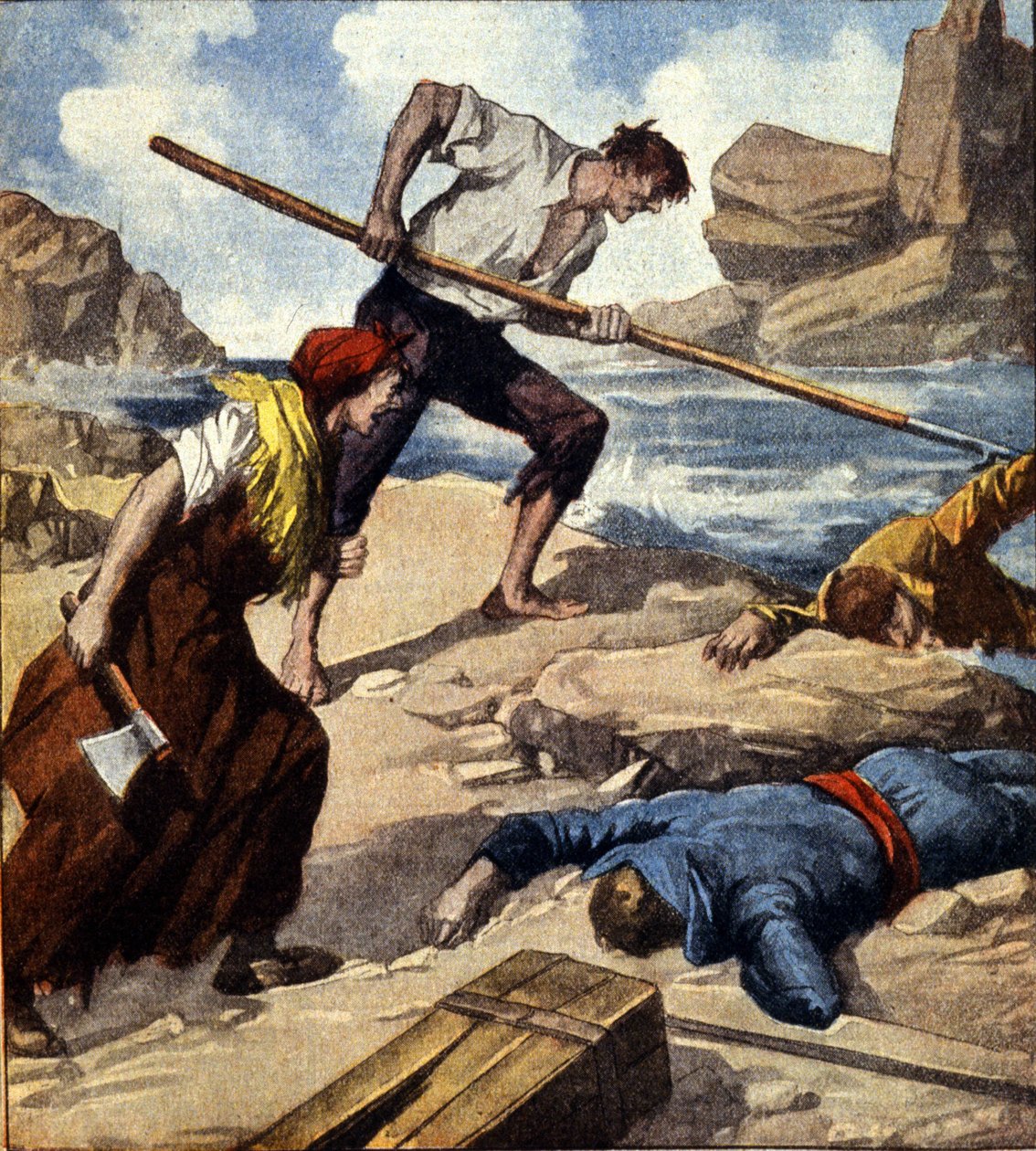 Dva trosečníci (piráti) po přitažení člunu ke skále vyplenili posádku. Italská ilustrace. od Italian School
