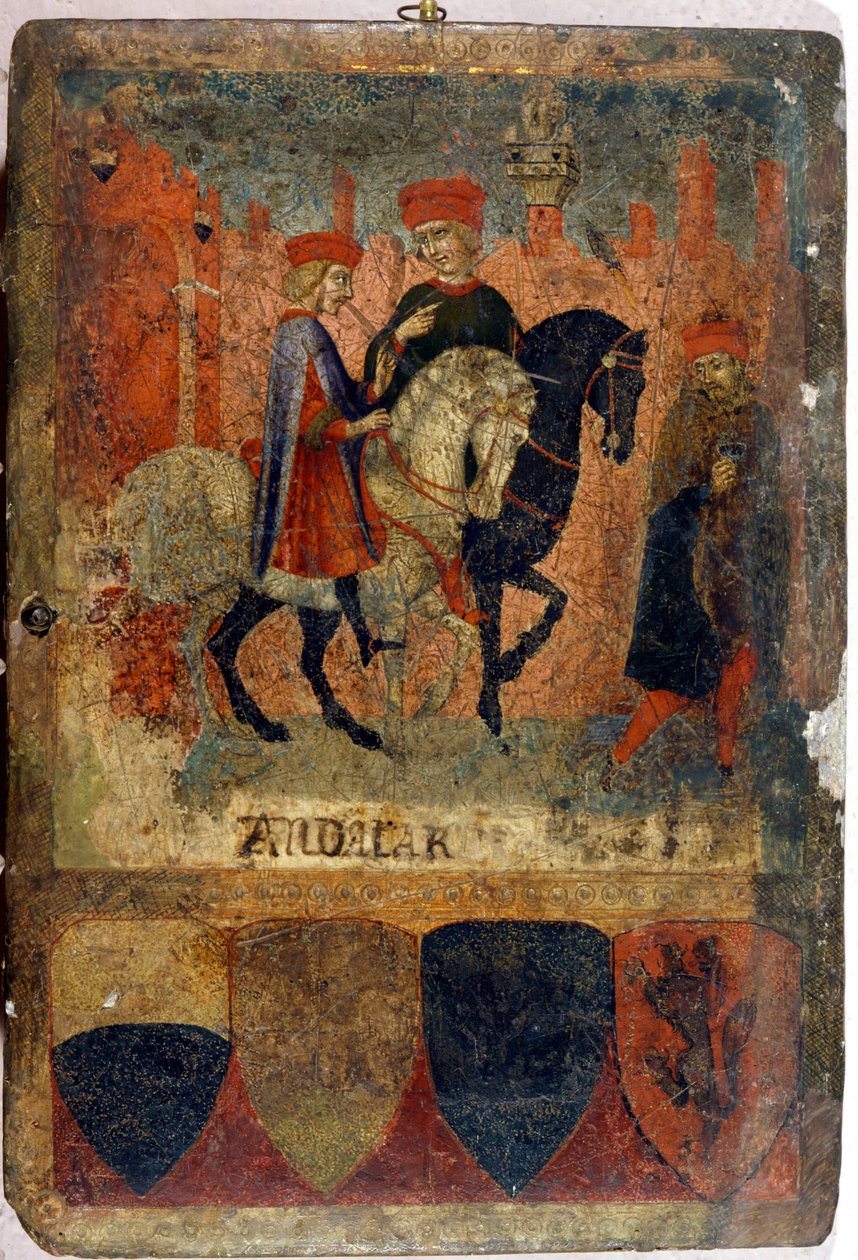 Dva daňoví inspektoři. Biccherna (obálka účetního rejstříku města Siena). Národní archiv - Museo delle Tavolette de Bicherna, Siena. Konec 14. – začátek 15. století. od Italian School