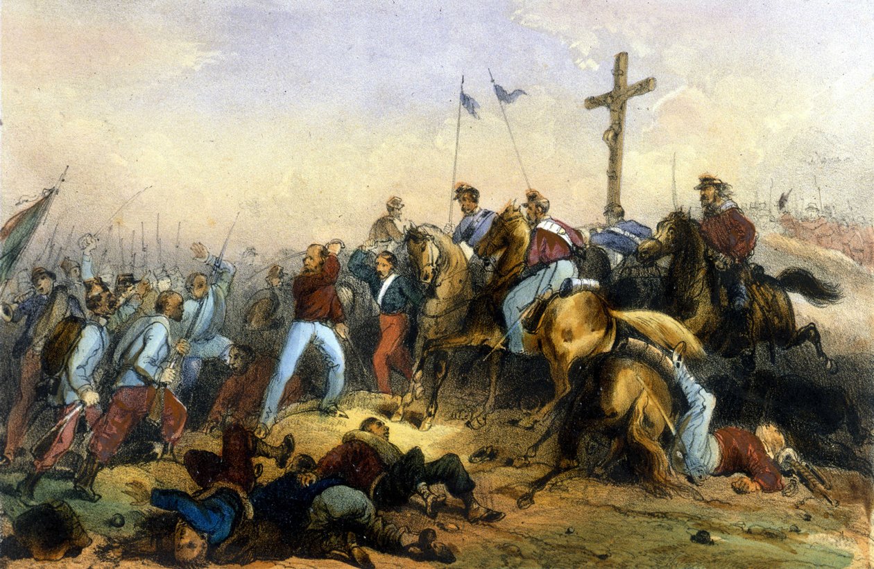 Unite of Italy: Bitva u Milazza na Sicílii dne 20.7.1860. Tisíc Giuseppe Garibaldiho porazil Francoise II. Litografie z konce 19. století od Italian School