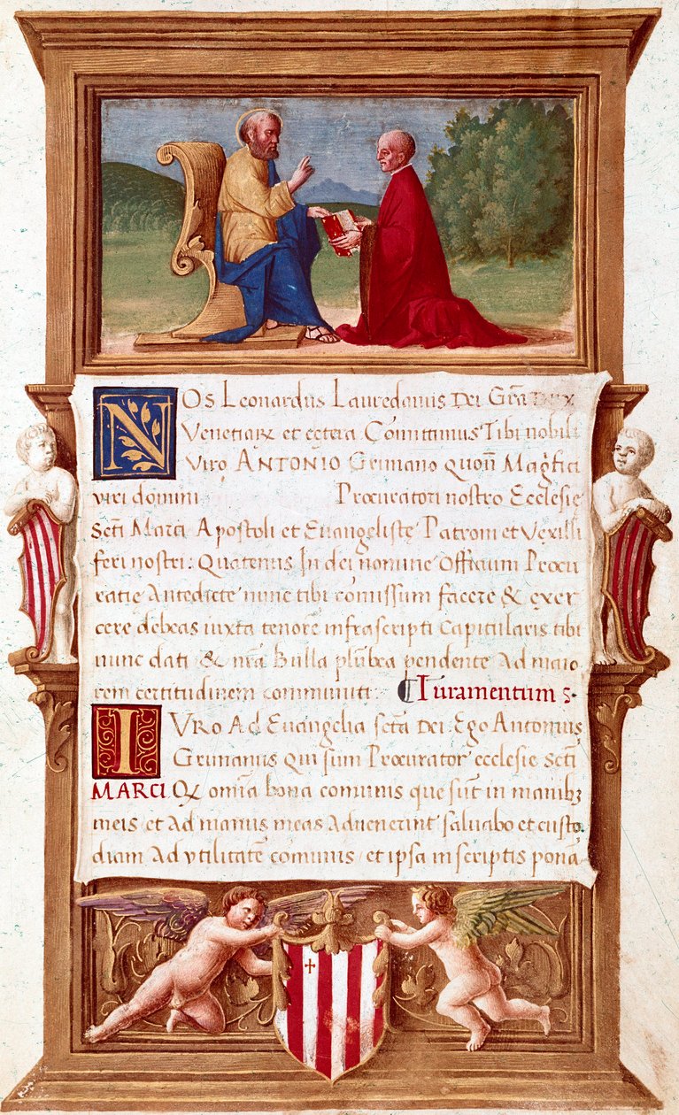 Benátky: Komise dóžete Antonia Grimaniho (1434-1523), prokurátora San Marco (Svatého Marka) Rukopisná strana 16. století. Benátky, Museo Correr od Italian School