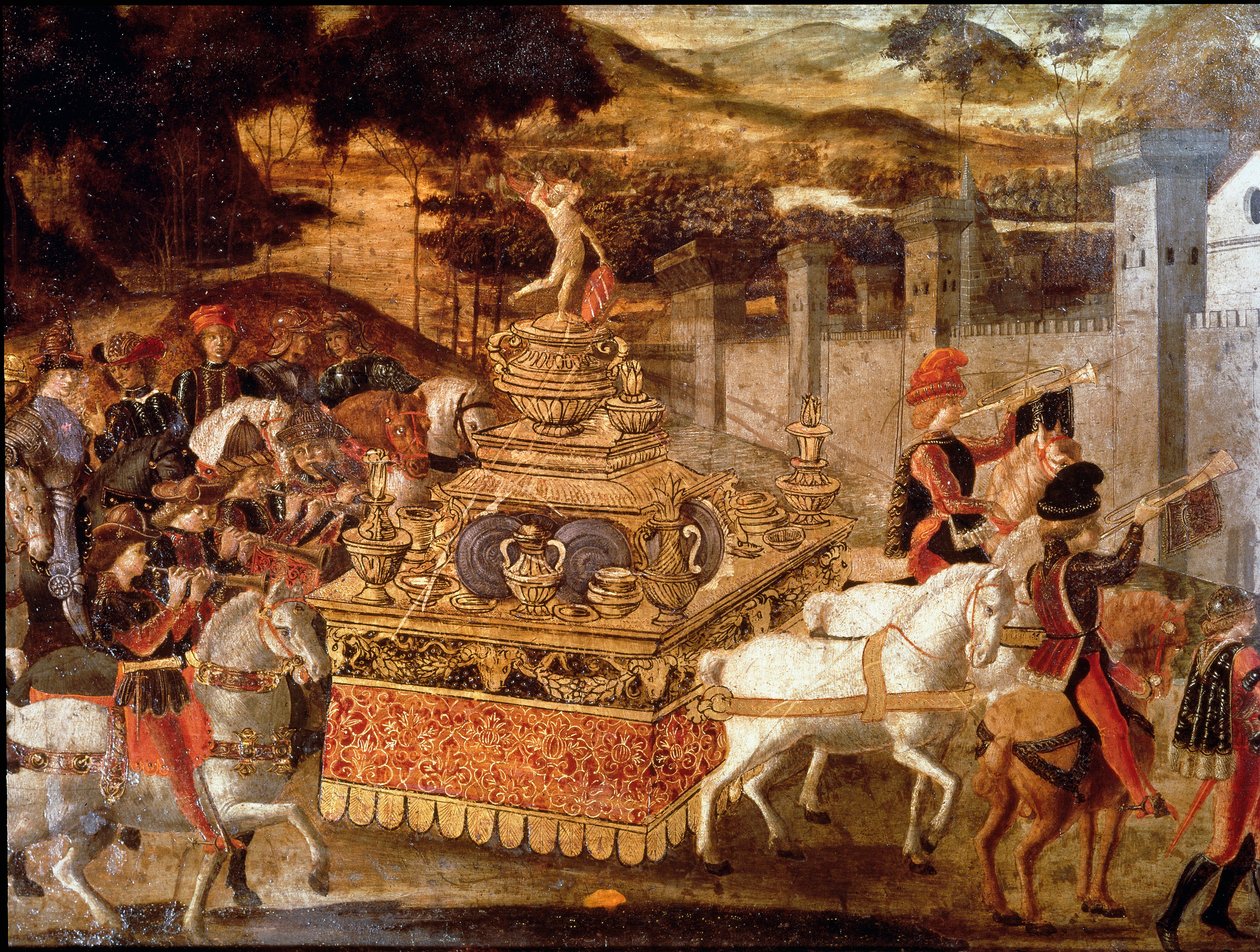 Vítězství Lucius Aemilius Paullus nebo Paul Emile Makedonský (asi 230-160 př.nl) nad perseeským králem makedonským Detail průvodu a triumfálního vozu. Malba florentské školy 15. století. Paříž, Musee Jacquemarta Andreho od Italian School