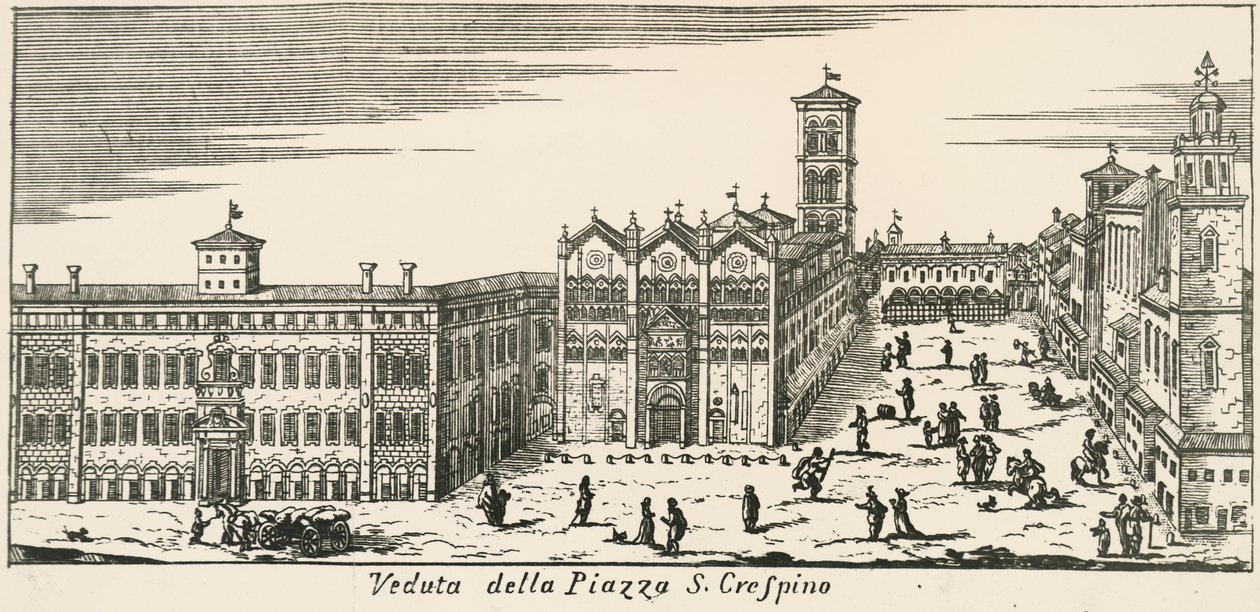 Pohled na Piazza San Crispino a katedrálu Ferrara, rytina, Itálie od Italian School
