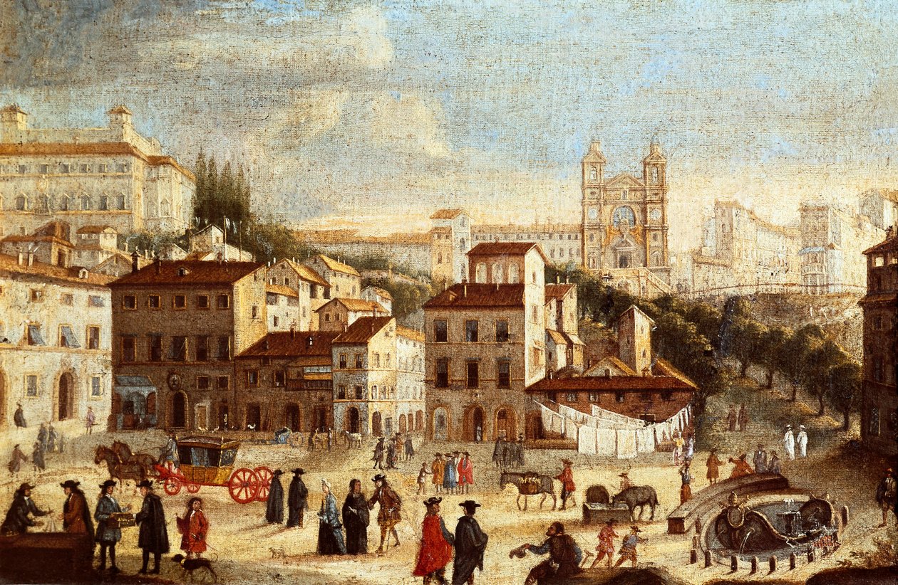 Pohled na Piazza di Spagna (Piazza di Spagna), s kostelem Trinita dei Monti (Trinite des Monts) v Římě (Výhled na španělské náměstí a kostel Nejsvětější Trojice v Římě) Obraz římské školy - 17. století (malba) od Italian School