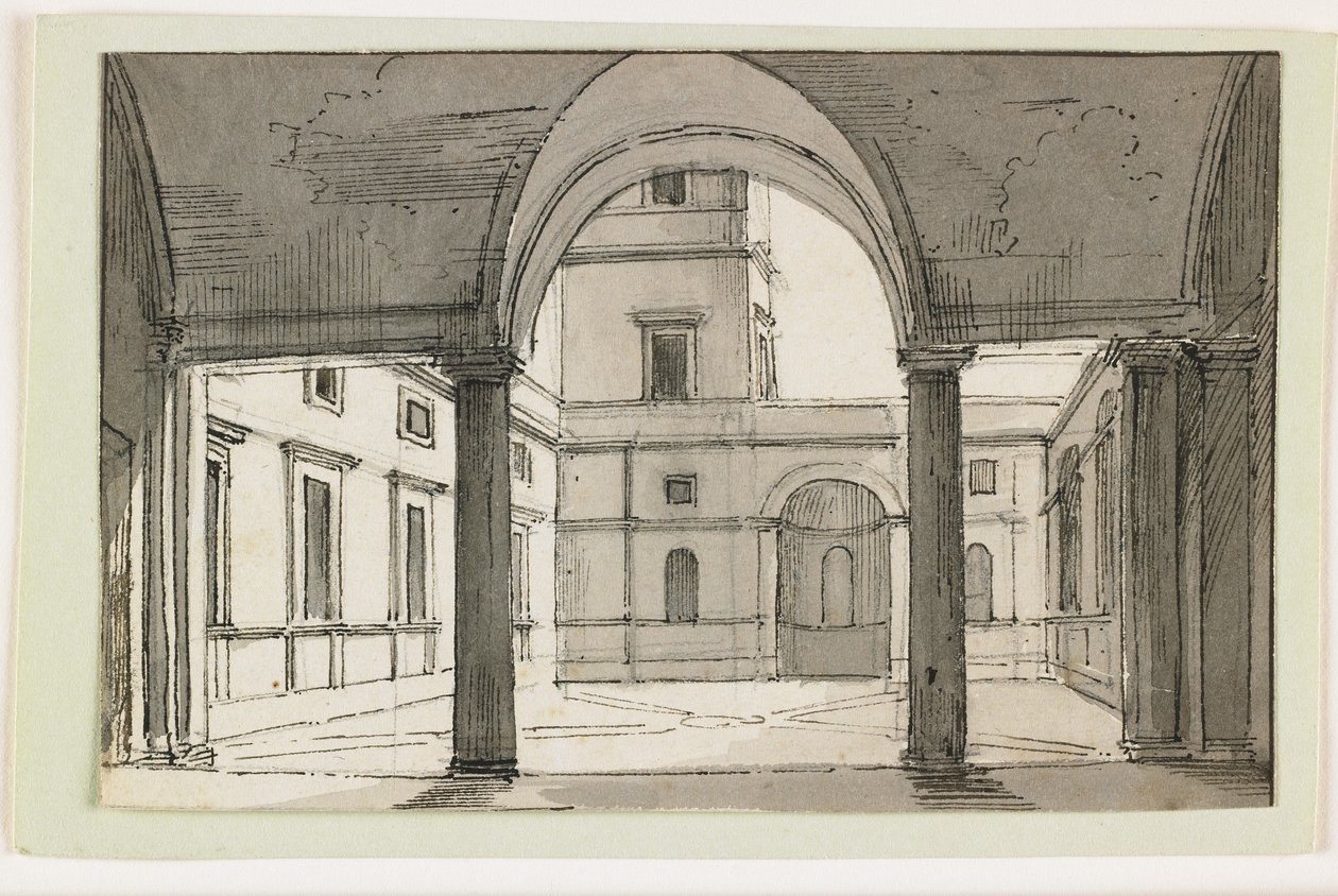 Pohled na italskou kolonádu a nádvoří, začátek 19. století (pero a hnědý inkoust a šedá barva na černé křídě) od Italian School