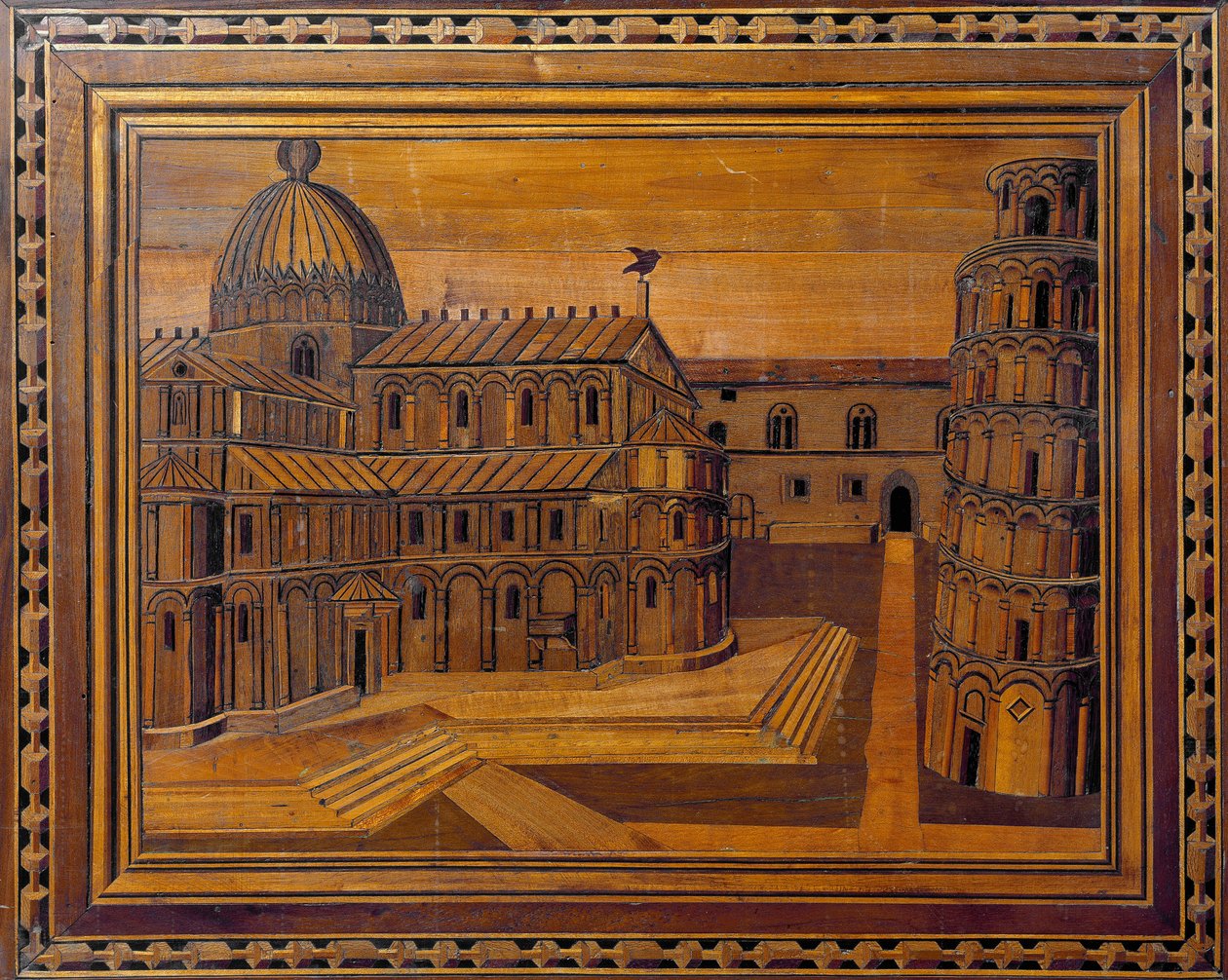 Pohled na katedrálu v Pise (Duomo di Santa Maria Assunta di Pisa) a šikmou věž (přívěsek Torre) na Zázračném náměstí (Piazza dei Miracoli) Intarzie z 15. století. Zachováno v presbytáři katedrály v Pise od Italian School