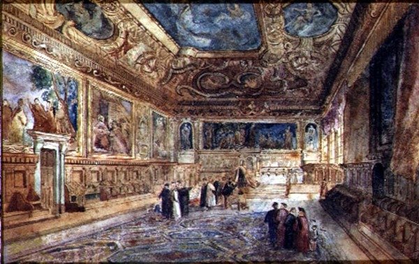 Pohled do interiéru Dóžecího paláce v Benátkách, kolem roku 1840 (akvarel na pergamenu) od Italian School