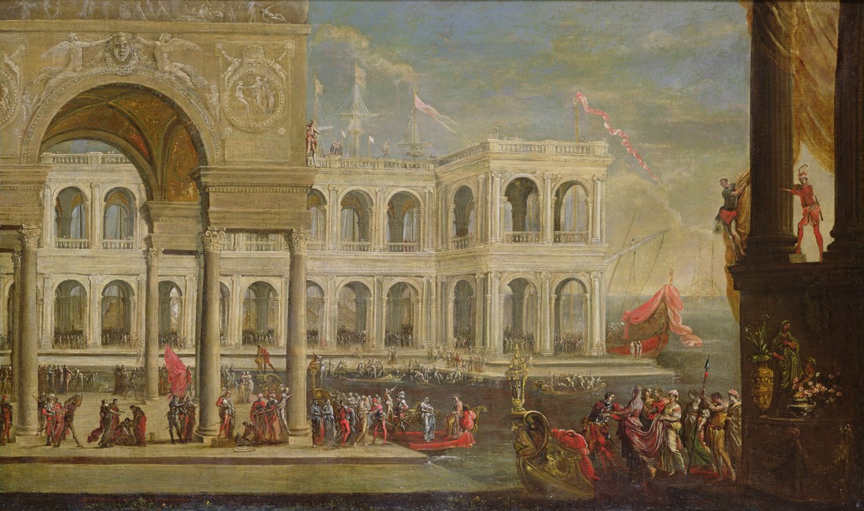 Pohled na palác a královnu Joannu I. Neapolskou od Italian School