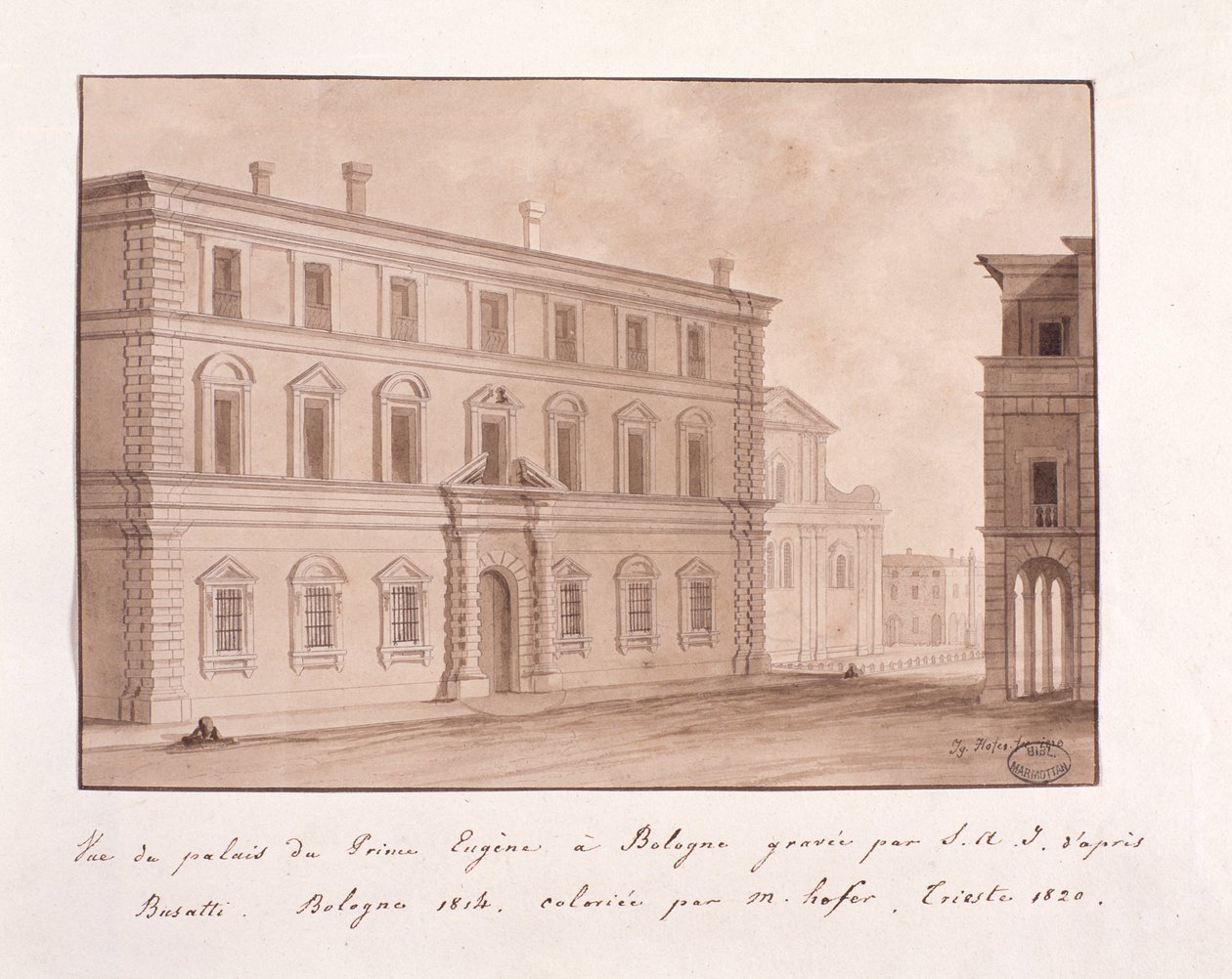 Pohled na palác prince Evžena v Bologni, vyrytý S.A.I. po Busatti od Italian School