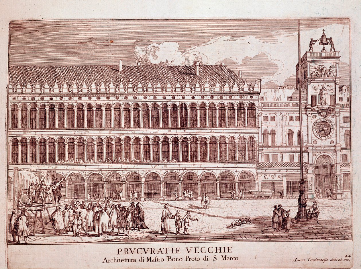 Pohled na Procuracy Vecchie na náměstí svatého Marka v Benátkách Rytina 1703 Benátky, Museo Correr od Italian School