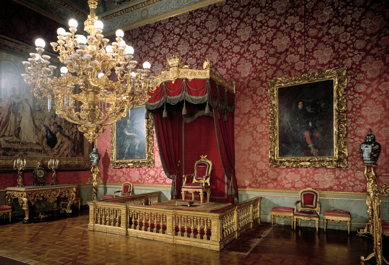 Pohled na trůnní sál nebo pokoj komorníků Královské apartmány z 19. století, Palazzo Pitti, Florencie Itálie od Italian School